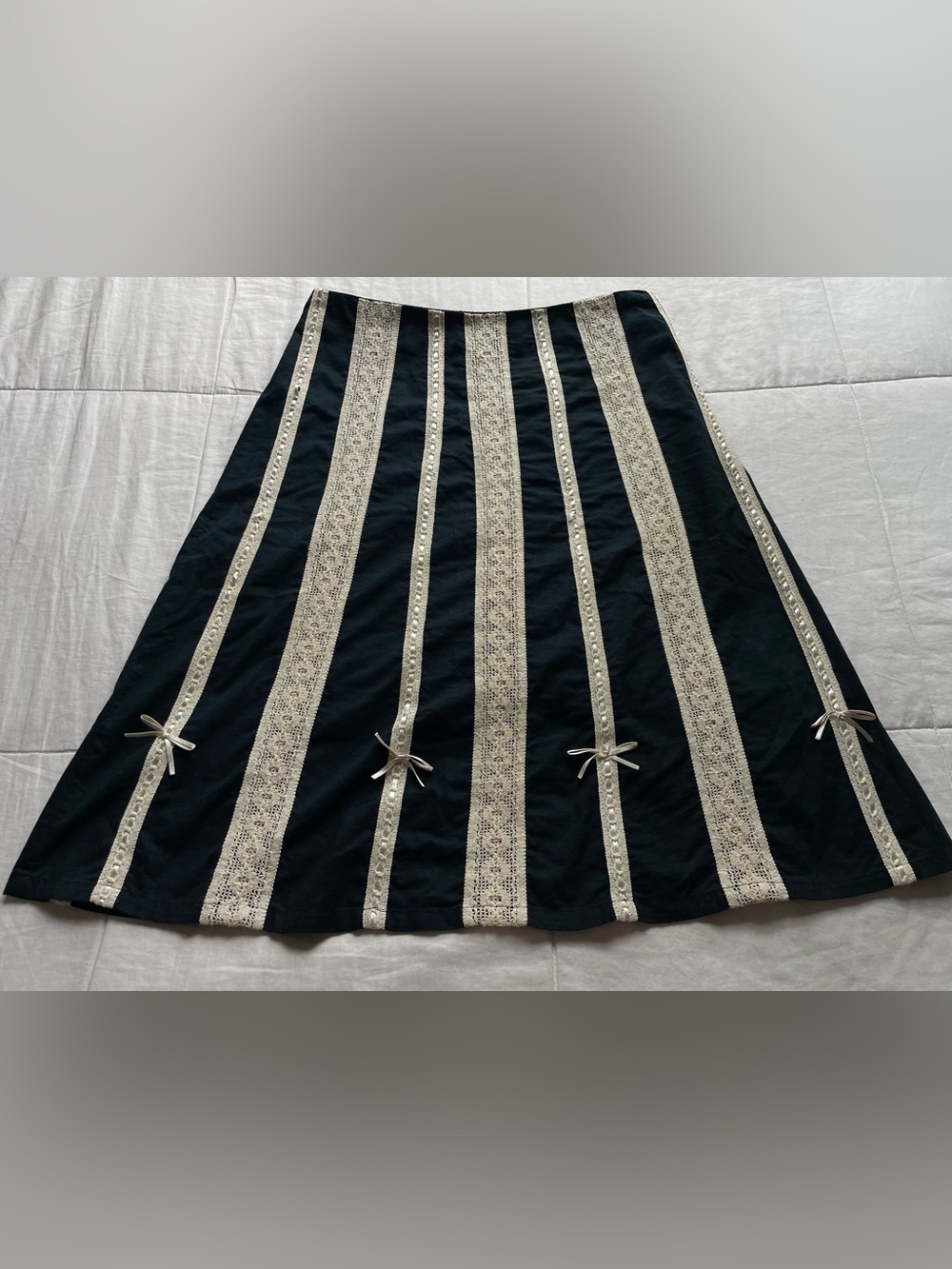 Y2K Black Cream Lace Ribbon Stripe Midi Skirt 2 Whimsigoth Cottage Goth Romantic
